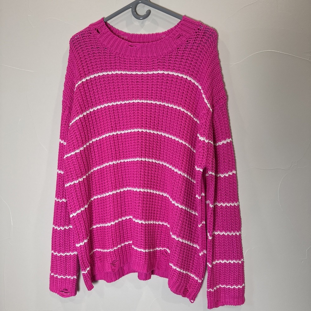 Mittoshop Hot Pink Striped Pullover LS Sweater - Size M/L Distressed Soft